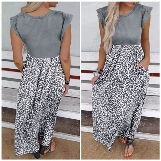 Tracey Dingwerth — Small, gray leopard maxi dress