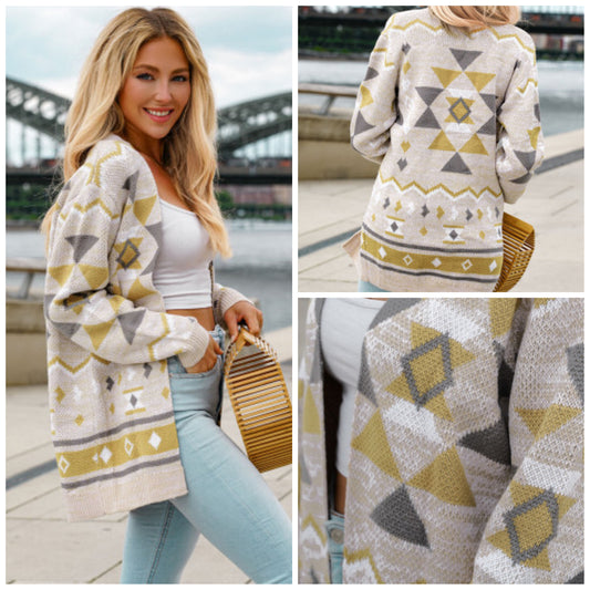 Amanda Jones Reuss — Large, yellow/Grey geometric cardigan