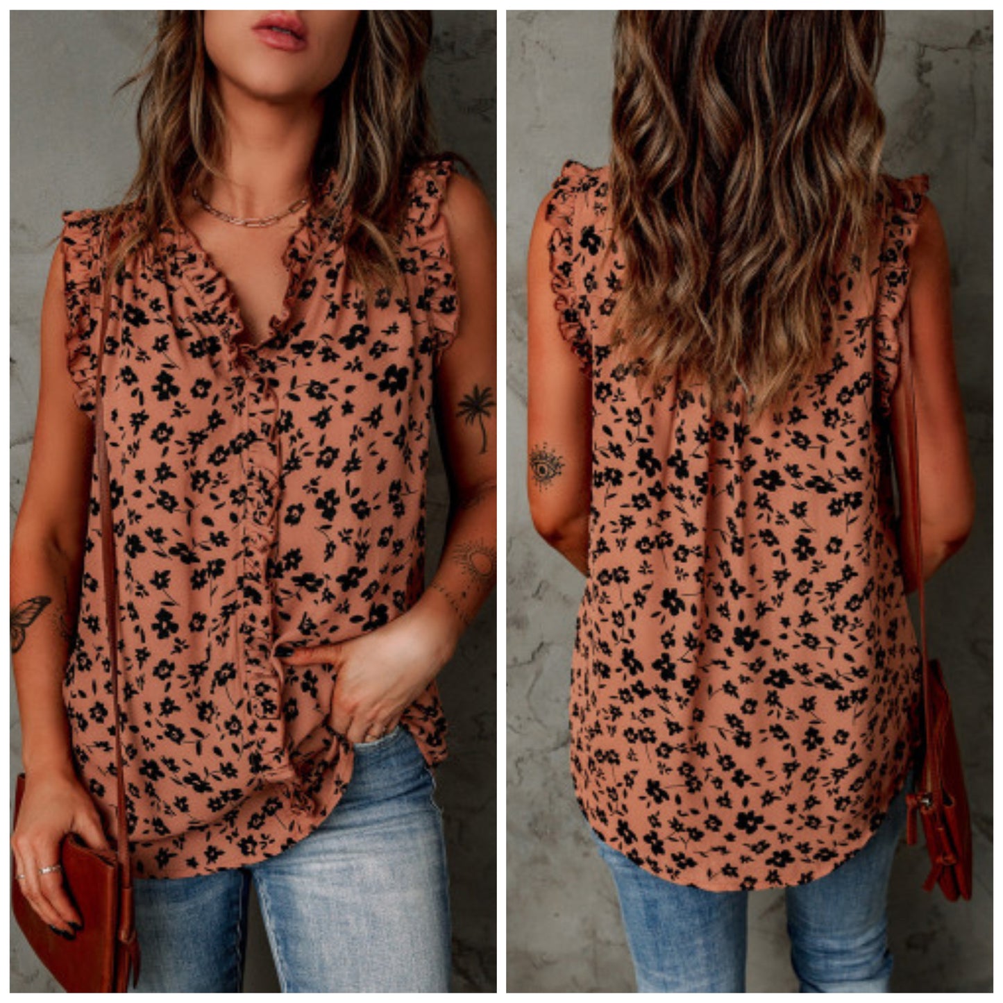 Amanda Jones Reuss— Large, brown/black floral v-neck with ruffles