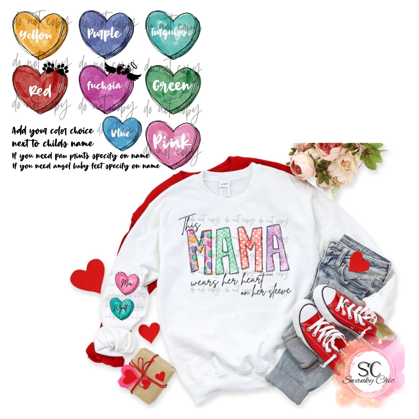 Susan Marie — This MAMA wears her heart on her sleeve: Large, white, crewneck sweatshirt (Green heart- Emma) (Pink heart- Livia) (Blue heart- Liam)